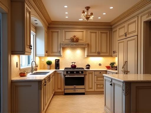 An elegant classic kitchen with detailed woodwork, ornate fixtures, and a warm, inviting ambiance in Banjara Hills.