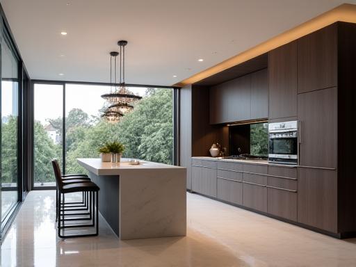 A sleek, modern kitchen with handle-less cabinets and a minimalist design, found in a luxurious Jubilee Hills residence.
