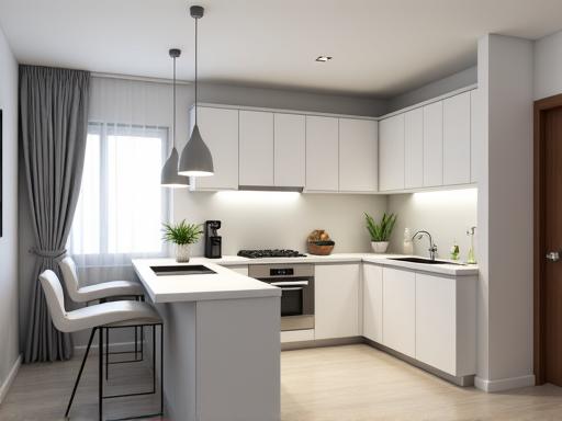 A minimalist modern kitchen with a breakfast counter and sleek finishes, ideal for compact urban living in Kondapur.