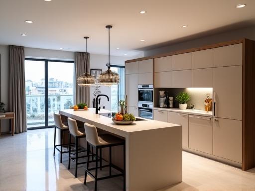 A spacious U-shaped kitchen with a central island, offering ample storage and prep area in a grand Hitech City home.