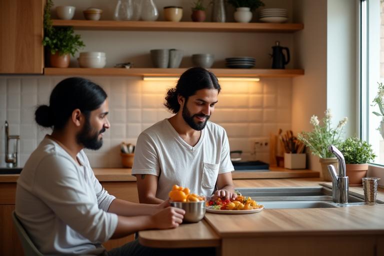 Mr. and Mrs. Singh enjoying their cozy, functional kitchen.